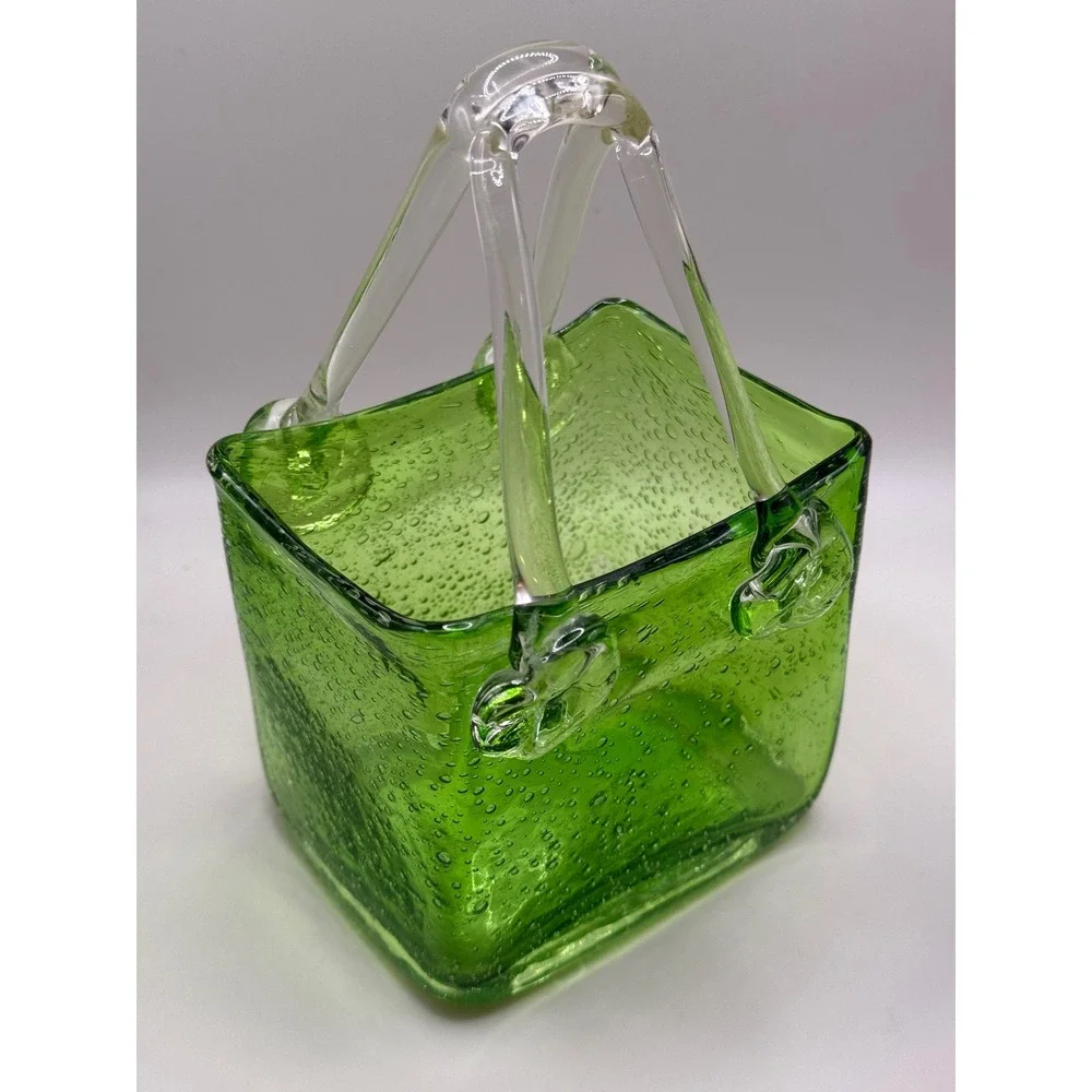 Green Art Glass Basket Vase Hand‎ Blown Bubble Design Decor Accent Piece